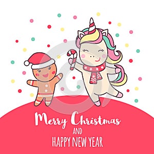 Greeting holiday card with cute Unicorn and gingerbread man for Merry Christmas and New Year