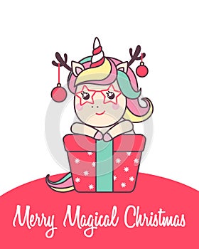 Greeting holiday card with cute Unicorn holding gift for Merry Christmas and New Year