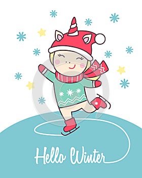 Greeting holiday card with cute Unicorn ice skating for Merry Christmas and New Year