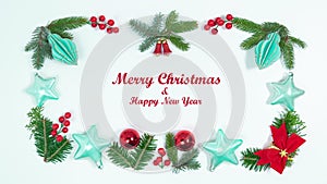 Greeting holiday card. Merry Christmas and Happy New Year. Text moves slowly. White background.