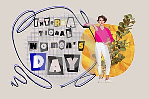 Greeting image collage of confident adorable lovely girl presenting slogan international women day isolated on drawing