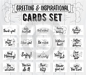 Greeting and inspirational cards set. Typographic vector design. Calligraphical quotes, wishes, greetings. Hand drawn