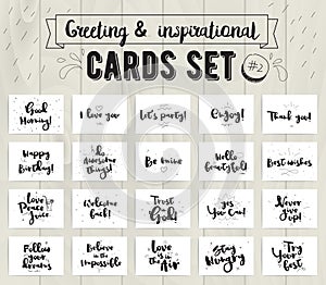 Greeting and inspirational cards set. Typographic vector design. Calligraphical quotes, wishes, greetings. Hand drawn