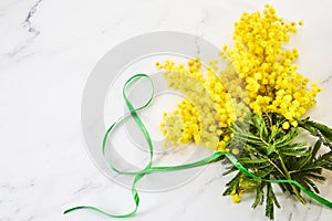 Greeting for International Women's Day on March 8th. Branches of mimosa.