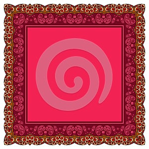 Greeting or invitation card, bandana print or scarf with beautiful ornamental frame. Vector pattern with ethnic motifs