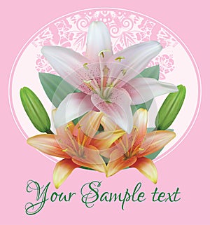 Greeting or invitation card with bouquet flowers of lilies with buds on the background of floral ornament