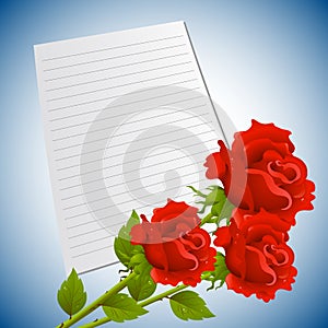 Greeting or invitation card with bouquet of red roses and sheet paper.