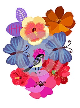 Greeting or invitation card with little bird, big blue butterflies and exotic flower in vector