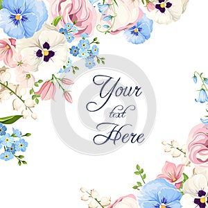 Greeting or invitation card with pink, white, and blue flowers. Vector illustration