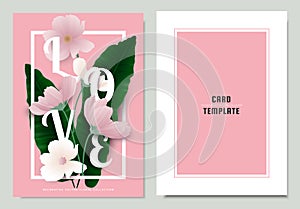 Greeting/invitation card template design, green Asplenium nidus, Birds Nest Fern with cosmos flowers on pink