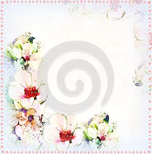 Greeting light vintage card with bright spring flowers, frame, copy space