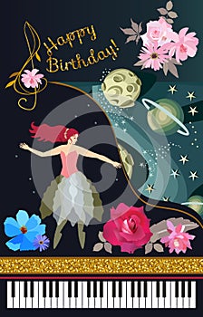 Greeting music card. Black concert grand piano, golden ribbon, cute fairy, pulling curtain, space, planets, stars, flowers