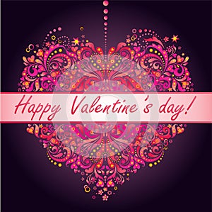 Greeting party poster with pink abstract heart for Valentineâ€™s day