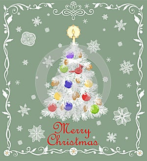 Greeting pastel green card for winter holidays with paper cut out Christmas tree with cone, candle, balls, hanging northern cardin