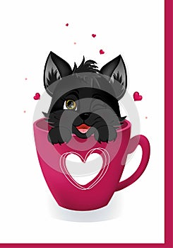 Greeting postcard with pink hearts and little cat, black kitten, sitting in the cup.