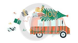 Greeting postcard with retro van. On the roof of caravan Christmas tree and gifts. Christmas truck with signboard