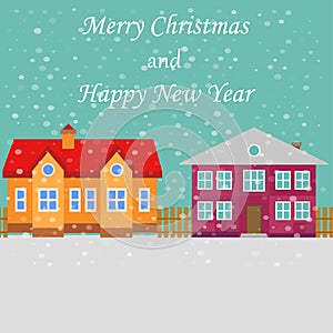 Greeting poster with snowy street. Merry Christmas