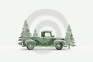 Tree decorative background snow merry christmas holiday winter season card greeting car vintage truck