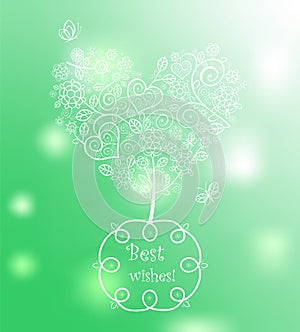 Greeting spring card with beautiful lacy tree
