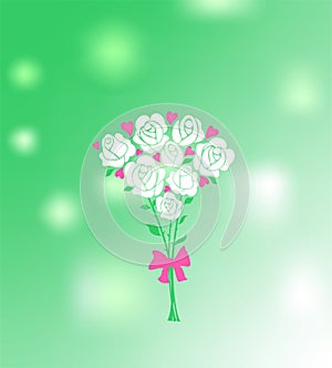 Greeting spring green shining card with cute white roses bouquet for wedding, Motherâ€™s day, Valentineâ€™s day, birthday greeting