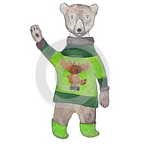 Greeting teddy bear in a green knitted terry sweater with a deer