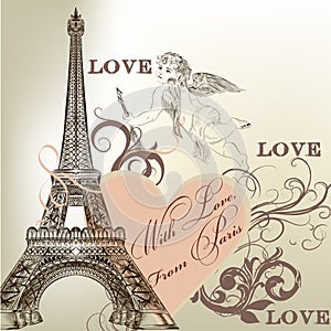 Greeting Valentine card with detailed vector Eiffel tower