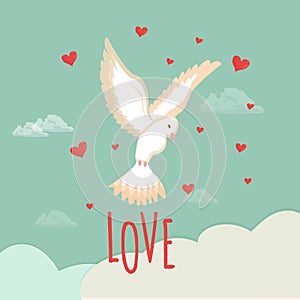 Greeting with Valentine day white dove, pigeon in the sky with clouds and hearts. Poster, banner card in bright colours. Text Love