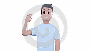 Greeting Waving Gesture Cartoon character man on white background. 3d render