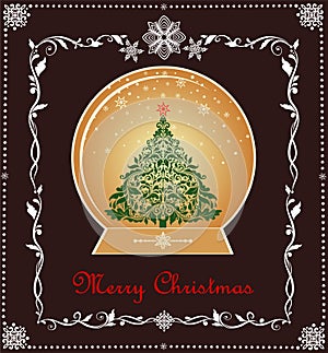 Greeting xmas sweet vintage card with gold globe, xmas tree, paper snowflakes and floral adornment