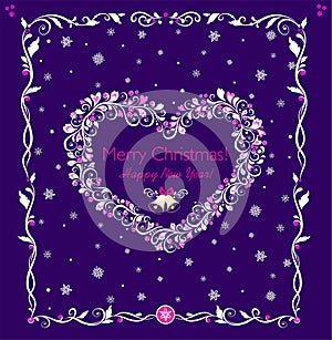 Greeting Xmas vintage traditional card with paper cutting decoration wreath of mistletoe with pink berries in heart shape