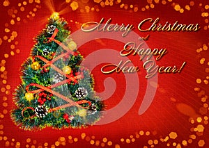 Greetings card happy new year and christmas. A fir-tree made of tinsel on a red background. place for text.