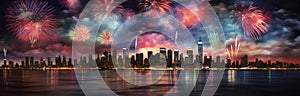 celebrate Happy new year fireworks sky and skyline with Panoramic cityscape