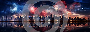 celebrate Happy new year fireworks sky and skyline with Panoramic cityscape