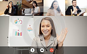 Greetings colleagues, business partners. Team working by group video call share ideas brainstorming use video conference