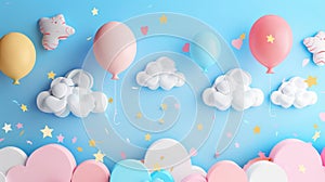 Greetings, congratulations, and a happy birthday sign with a sky, cloud, and balloons background. 3D paper cut sign
