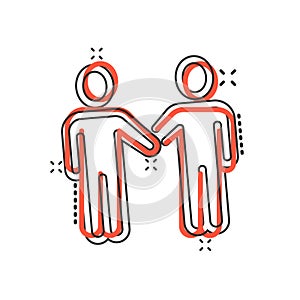 Greetings gesture icon in comic style. People handshake cartoon vector illustration on white isolated background. Hand shake