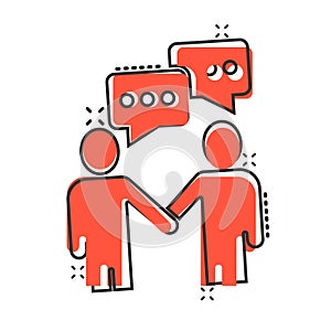 Greetings gesture icon in comic style. People handshake cartoon vector illustration on white isolated background. Hand shake