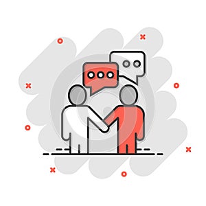 Greetings gesture icon in comic style. People handshake cartoon vector illustration on white isolated background. Hand shake