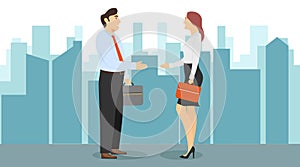 Greetings, handshake. A man and a woman greet each other. Vector illustration of a business woman and a business man making a deal