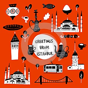 Greetings from Istanbul. Funny vector illustration of Istanbul attractions and landmarks.
