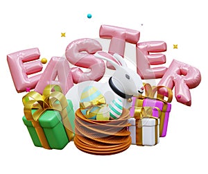 Greetings and presents for Easter Day with Easter eggs. Concept of Easter egg hunt. Holiday banner, web poster, flyer, stylish
