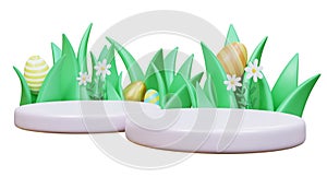 Greetings and presents for Easter Day with Easter eggs. Concept of Easter egg hunt. Holiday banner, web poster, flyer, stylish