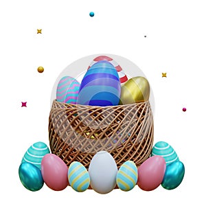 Greetings and presents for Easter Day with Easter eggs. Concept of Easter egg hunt. Holiday banner, web poster, flyer, stylish