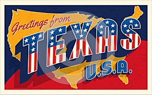 Greetings from Texas  USA. Retro style postcard with patriotic stars and stripes lettering