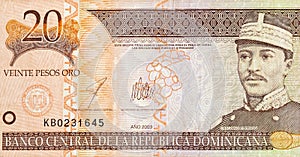 Gregorio Luperon portrait depicted on old twenty peso note Dominican republic money