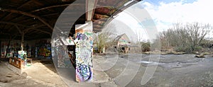 GREIFSWALD, GERMANY - FEBRUARY 29 2016 : Panoramic view of the entrance of abandoned building with graffiti