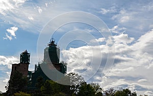 Gremi castle and church in scaffolding on a hill during reconstruction in Kakheti region of Georgia