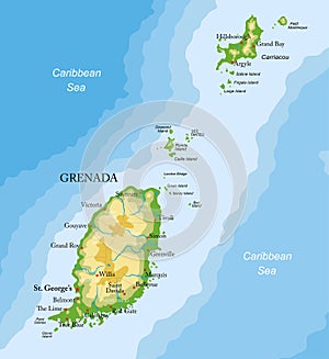 Grenada islands highly detailed physical map