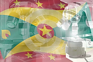 Grenada science development conceptual background - microscope on flag. Research in nanotechnology or pharmaceutical industry, 3D