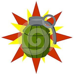 Grenade explosion. Vector Green bomb. Weapons and bombshell. Red flash